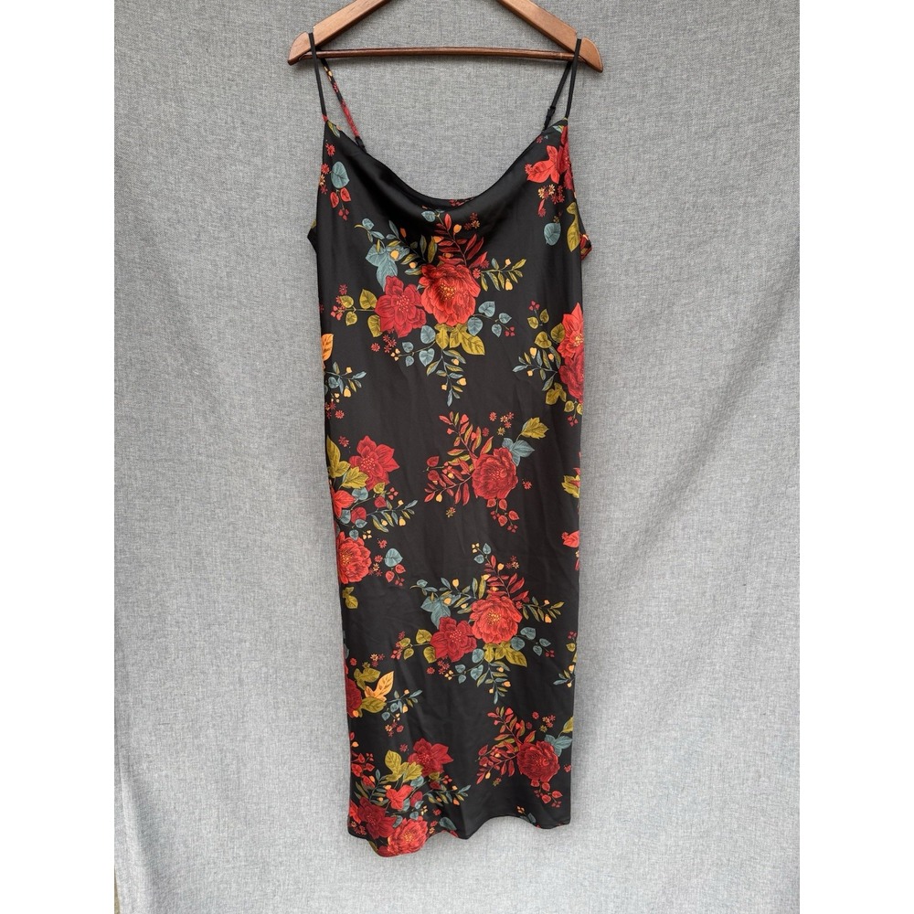 Sara Michelle‎ Cowlneck Satin Slip Dress Sz Large Dark Romantic Red Rose Floral
